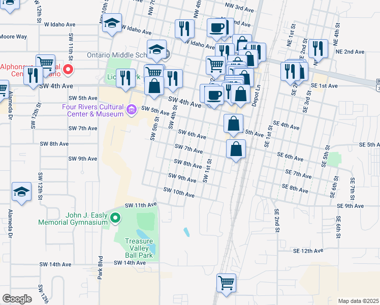 map of restaurants, bars, coffee shops, grocery stores, and more near 717 Southwest 2nd Street in Ontario
