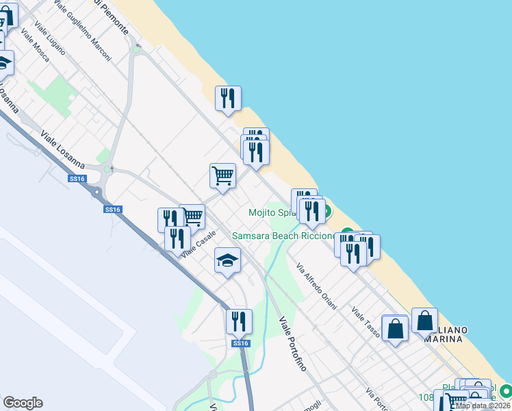 map of restaurants, bars, coffee shops, grocery stores, and more near 17 Viale Gozzano in Riccione
