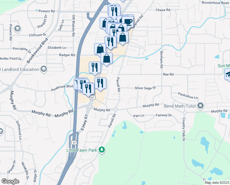 map of restaurants, bars, coffee shops, grocery stores, and more near 61150 Hamilton Lane in Bend