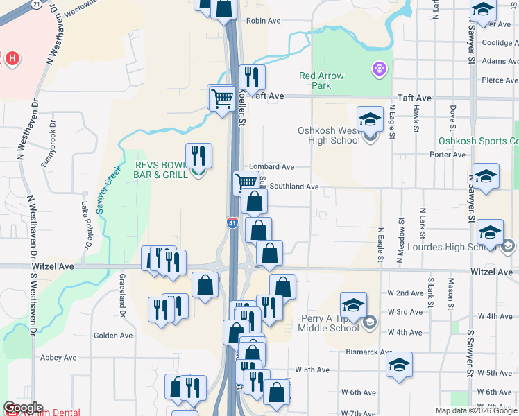 map of restaurants, bars, coffee shops, grocery stores, and more near 239 Sullivan Street in Oshkosh