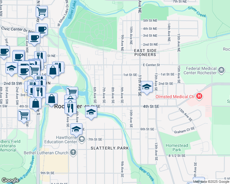 map of restaurants, bars, coffee shops, grocery stores, and more near 234 1/2 8th Avenue Southeast in Rochester