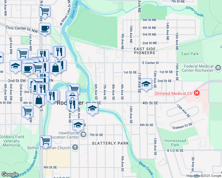map of restaurants, bars, coffee shops, grocery stores, and more near 234 1/2 8th Avenue Southeast in Rochester