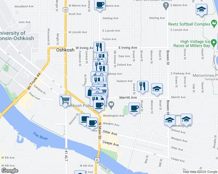 map of restaurants, bars, coffee shops, grocery stores, and more near 544 Jefferson Street in Oshkosh