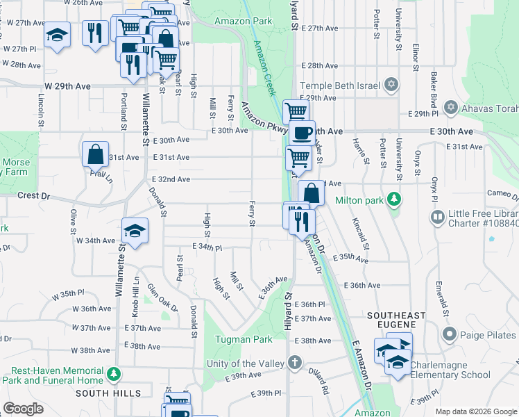 map of restaurants, bars, coffee shops, grocery stores, and more near 520 East 33rd Avenue in Eugene