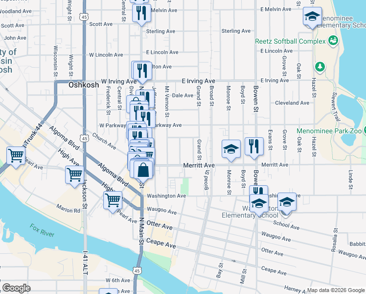 map of restaurants, bars, coffee shops, grocery stores, and more near 527 Madison Street in Oshkosh