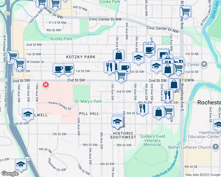 map of restaurants, bars, coffee shops, grocery stores, and more near 229 7th Avenue Southwest in Rochester