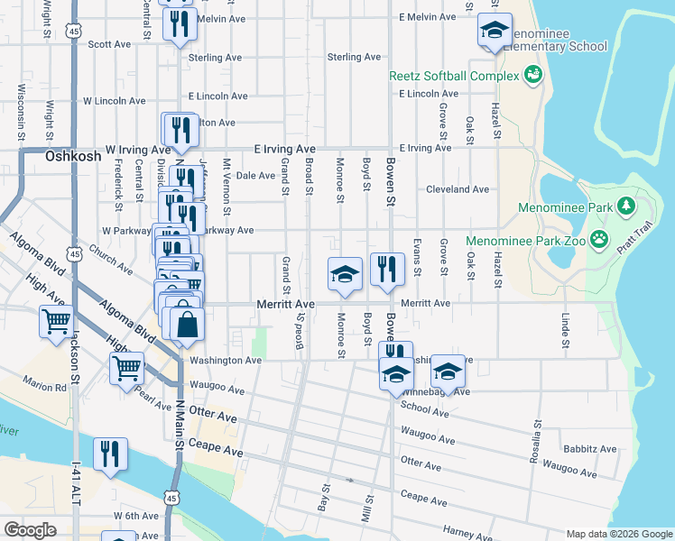 map of restaurants, bars, coffee shops, grocery stores, and more near 545 Monroe Street in Oshkosh