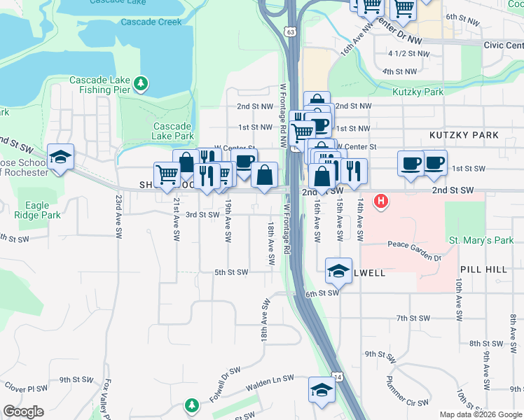 map of restaurants, bars, coffee shops, grocery stores, and more near 1802 3rd Street Southwest in Rochester