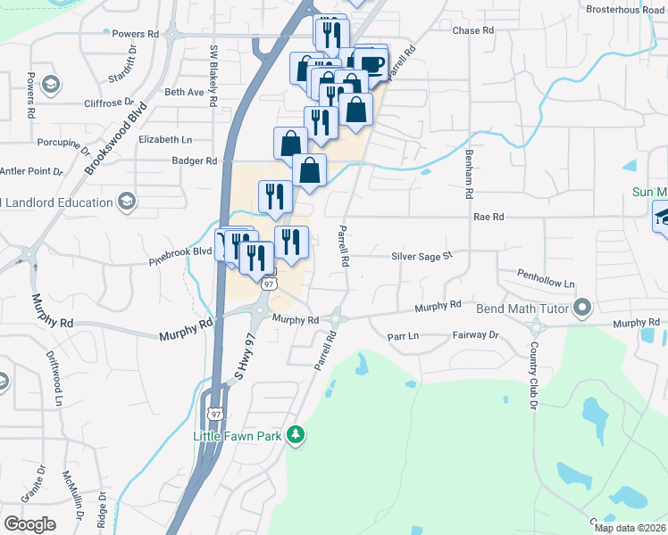 map of restaurants, bars, coffee shops, grocery stores, and more near 61150 Hamilton Lane in Bend