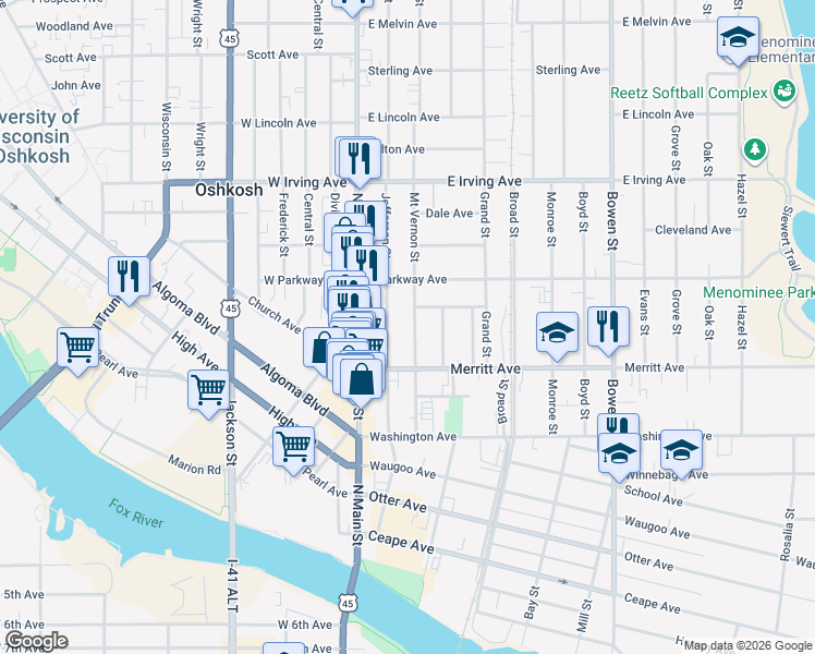 map of restaurants, bars, coffee shops, grocery stores, and more near 524 Jefferson Street in Oshkosh