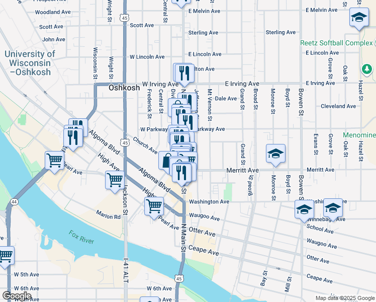 map of restaurants, bars, coffee shops, grocery stores, and more near 530 North Main Street in Oshkosh