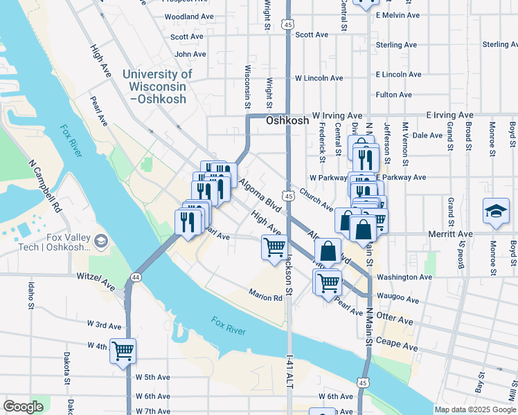 map of restaurants, bars, coffee shops, grocery stores, and more near 471 High Avenue in Oshkosh