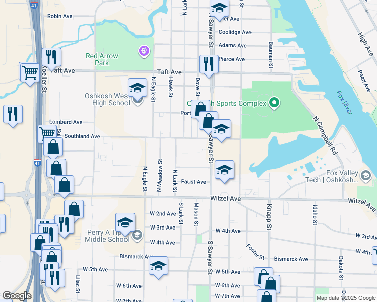 map of restaurants, bars, coffee shops, grocery stores, and more near 1319 Clayton Court in Oshkosh