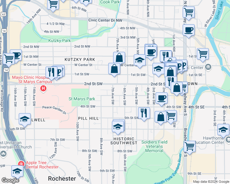 map of restaurants, bars, coffee shops, grocery stores, and more near 229 7th Avenue Southwest in Rochester