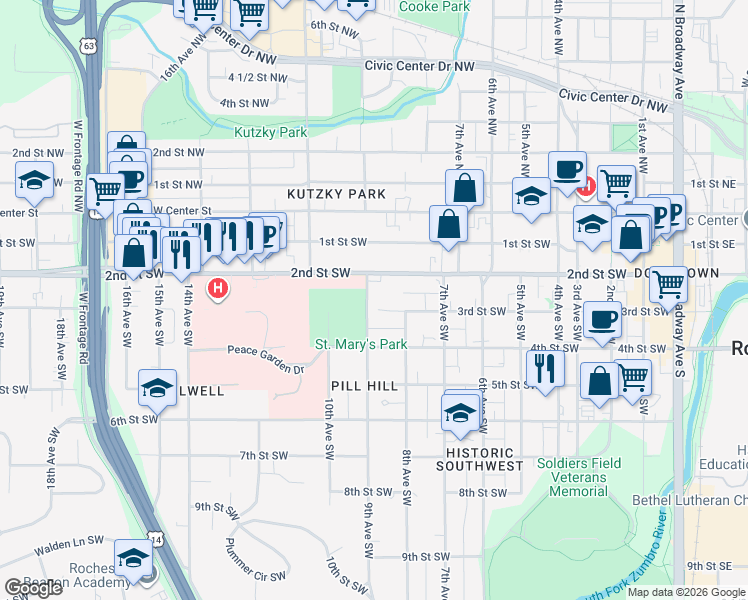 map of restaurants, bars, coffee shops, grocery stores, and more near 295 9th Avenue Southwest in Rochester