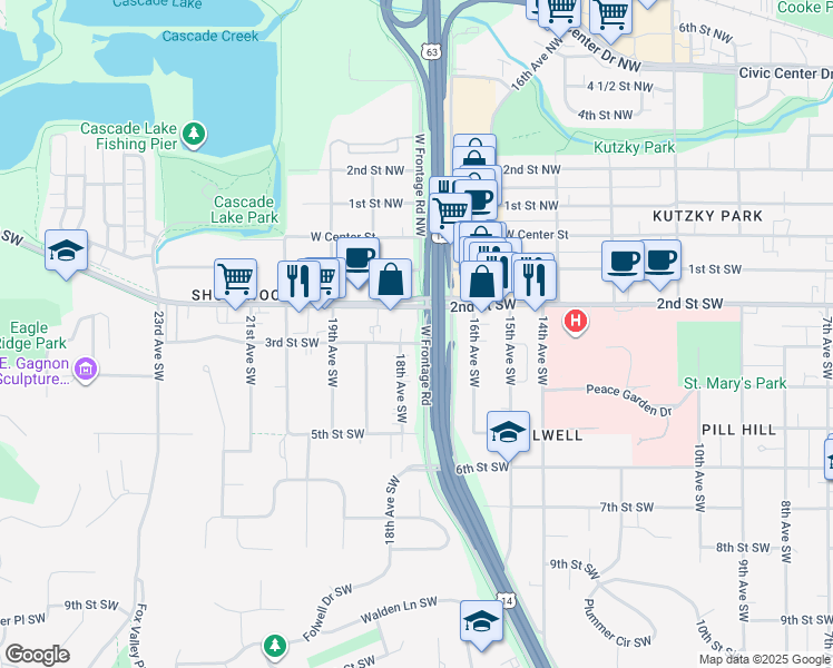 map of restaurants, bars, coffee shops, grocery stores, and more near 302 18th Avenue Northwest in Rochester