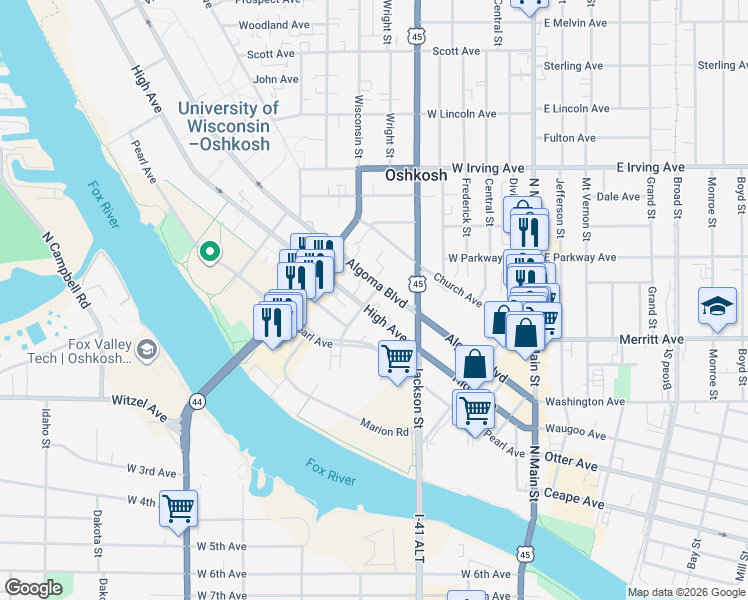 map of restaurants, bars, coffee shops, grocery stores, and more near 306 Dawes Street in Oshkosh