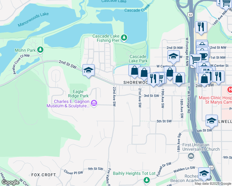 map of restaurants, bars, coffee shops, grocery stores, and more near 2233 3rd Street Southwest in Rochester