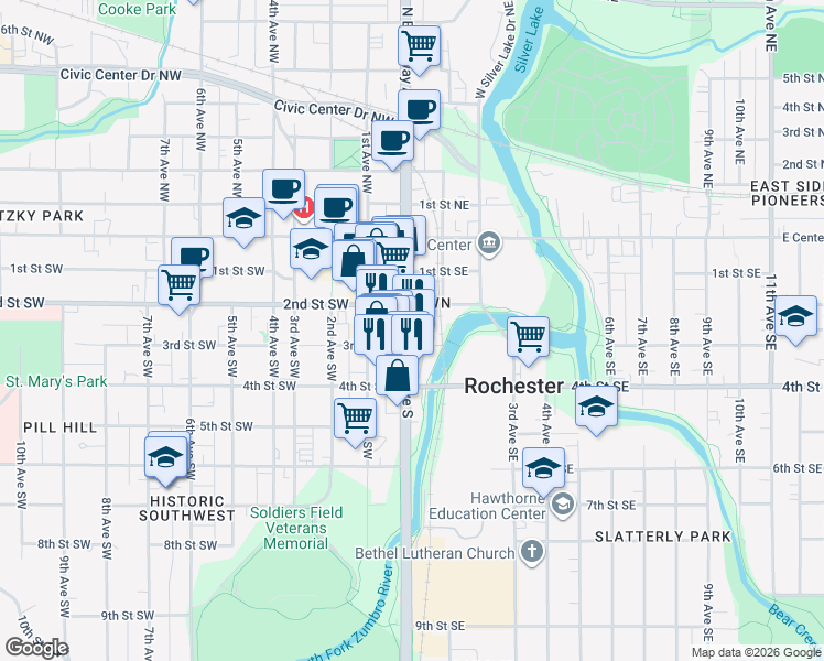 map of restaurants, bars, coffee shops, grocery stores, and more near 311 Broadway Avenue South in Rochester