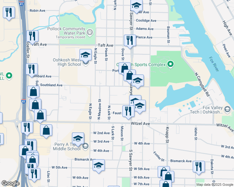 map of restaurants, bars, coffee shops, grocery stores, and more near 1320 Clayton Court in Oshkosh