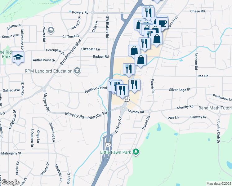 map of restaurants, bars, coffee shops, grocery stores, and more near 61149 South Highway 97 in Bend