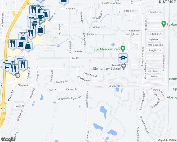map of restaurants, bars, coffee shops, grocery stores, and more near 61155 Wildwood Drive in Bend
