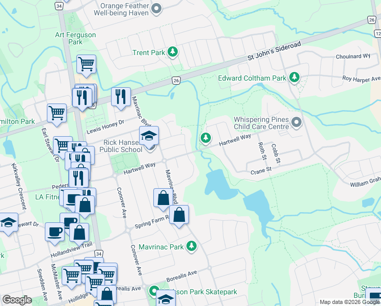 map of restaurants, bars, coffee shops, grocery stores, and more near 119 Pointon Street in Aurora