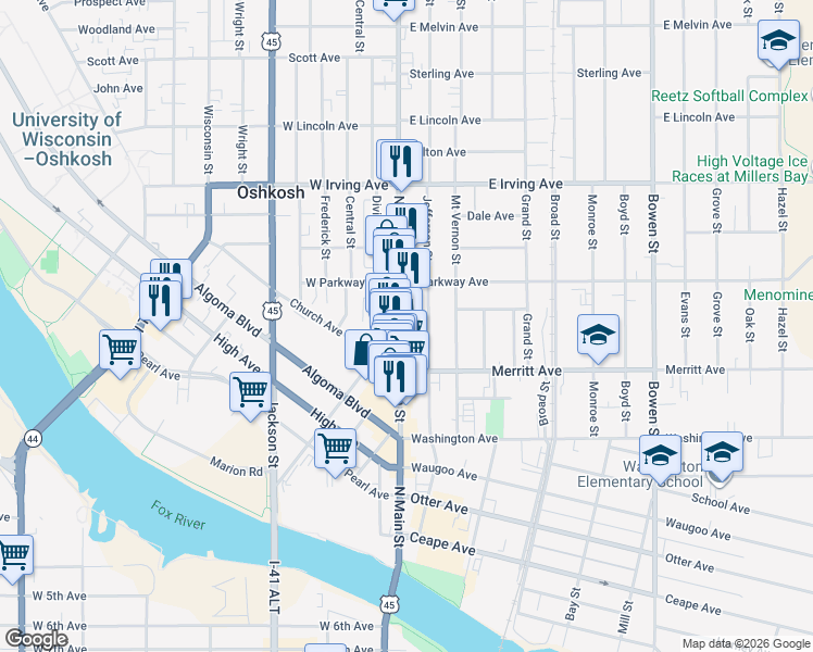 map of restaurants, bars, coffee shops, grocery stores, and more near 530 North Main Street in Oshkosh