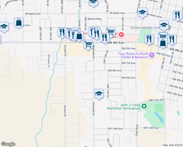 map of restaurants, bars, coffee shops, grocery stores, and more near 833 Alameda Drive in Ontario