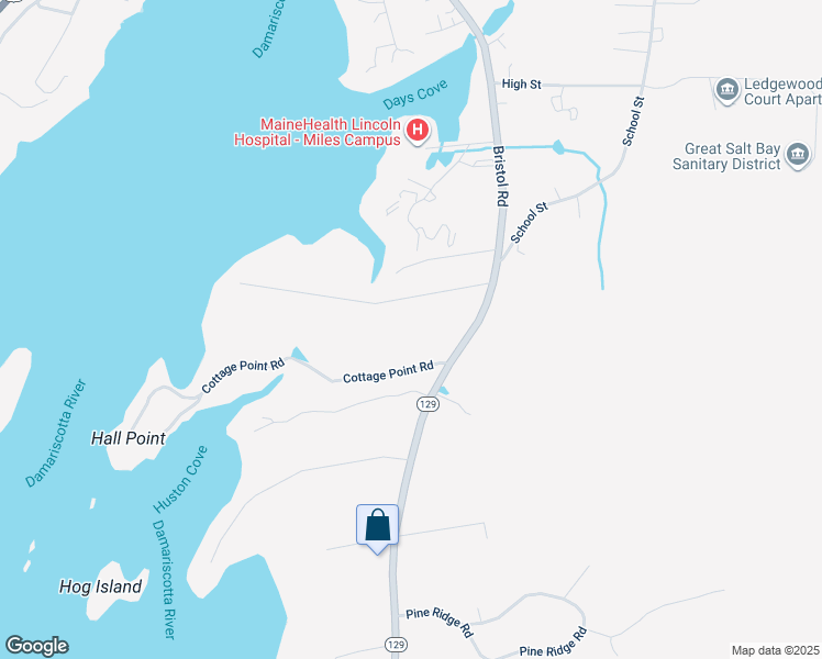 map of restaurants, bars, coffee shops, grocery stores, and more near Cottage Point Road in Damariscotta