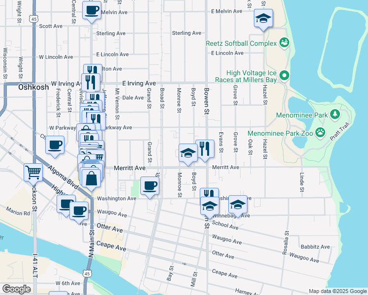 map of restaurants, bars, coffee shops, grocery stores, and more near 531 Monroe Street in Oshkosh