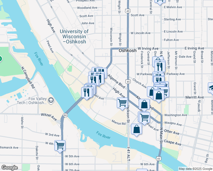 map of restaurants, bars, coffee shops, grocery stores, and more near 526 Campus Place in Oshkosh