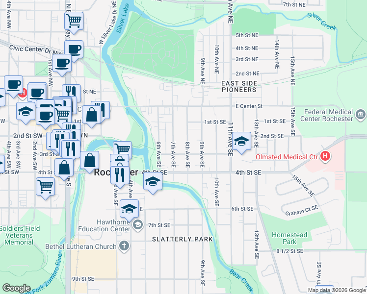 map of restaurants, bars, coffee shops, grocery stores, and more near 234 1/2 8th Avenue Southeast in Rochester