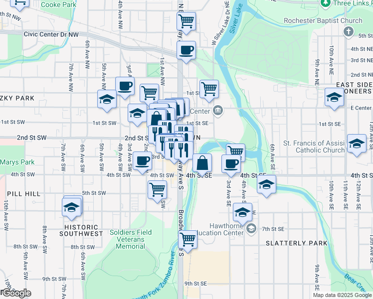 map of restaurants, bars, coffee shops, grocery stores, and more near 220 Broadway Avenue South in Rochester
