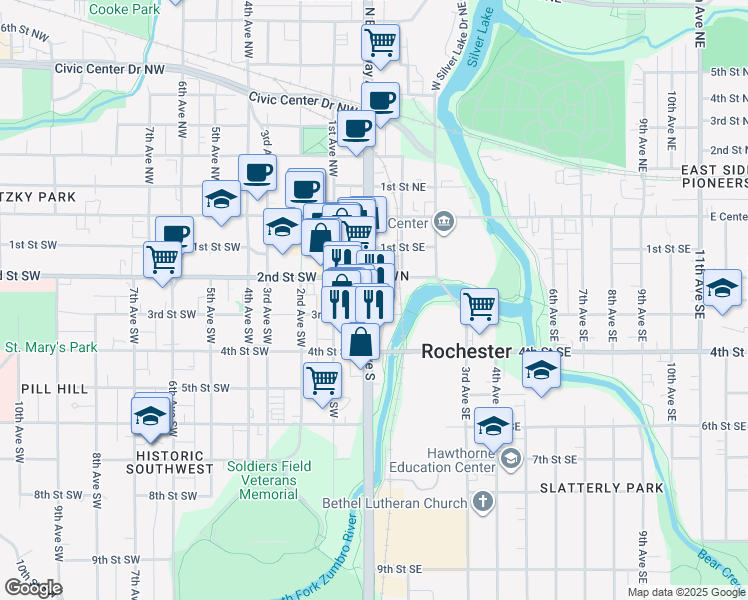 map of restaurants, bars, coffee shops, grocery stores, and more near 311 Broadway Avenue South in Rochester