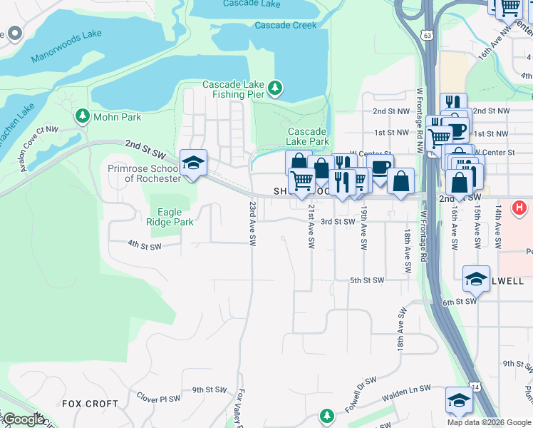 map of restaurants, bars, coffee shops, grocery stores, and more near 364 22nd Avenue Southwest in Rochester