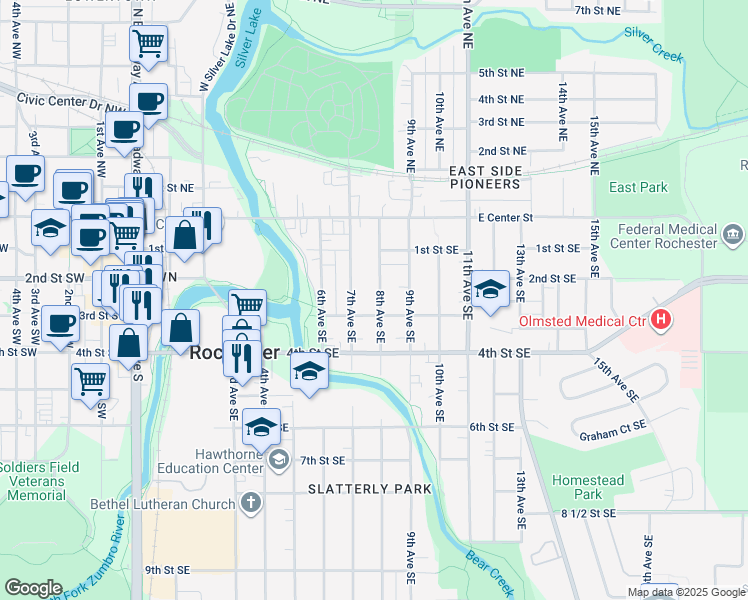 map of restaurants, bars, coffee shops, grocery stores, and more near 223 8th Avenue Southeast in Rochester