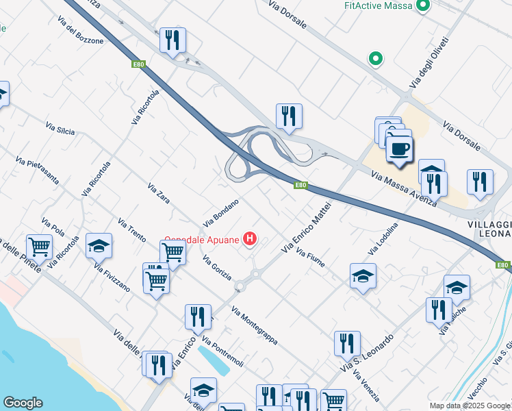 map of restaurants, bars, coffee shops, grocery stores, and more near 193 Via Fiume in Massa