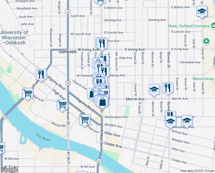 map of restaurants, bars, coffee shops, grocery stores, and more near 524 Jefferson Street in Oshkosh