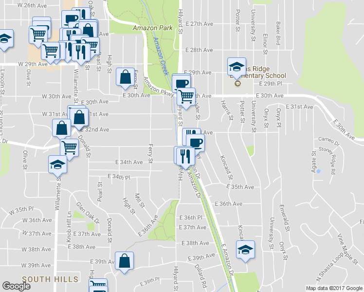 map of restaurants, bars, coffee shops, grocery stores, and more near 3485 East Amazon Drive in Eugene