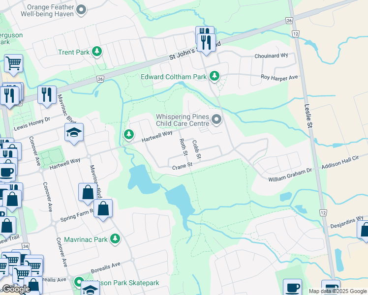 map of restaurants, bars, coffee shops, grocery stores, and more near Roth Street in Aurora