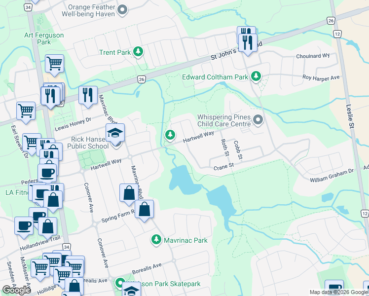 map of restaurants, bars, coffee shops, grocery stores, and more near 8 Crane Street in Aurora