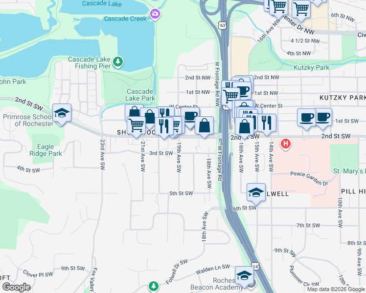 map of restaurants, bars, coffee shops, grocery stores, and more near 302 19th Avenue Northwest in Rochester