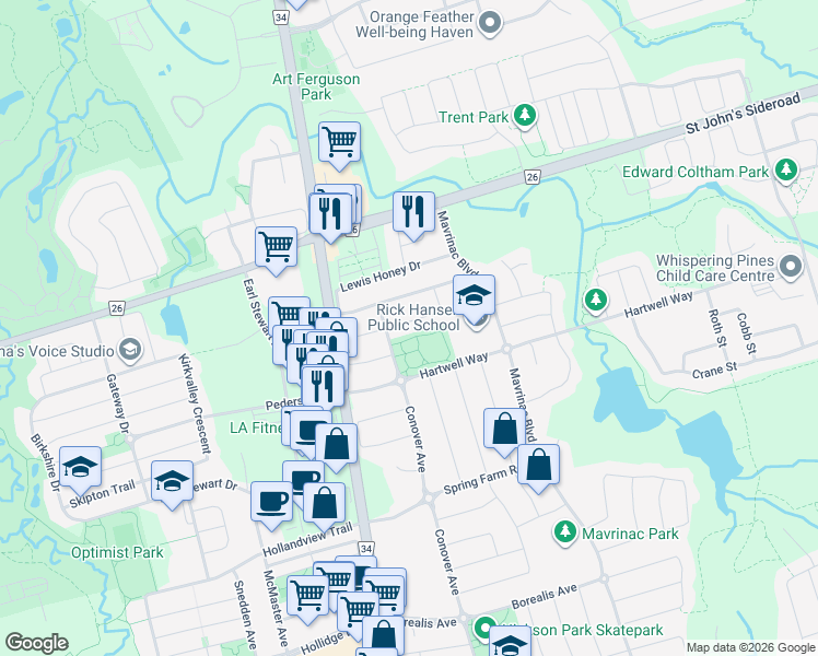 map of restaurants, bars, coffee shops, grocery stores, and more near 21 Wallwark Street in Aurora
