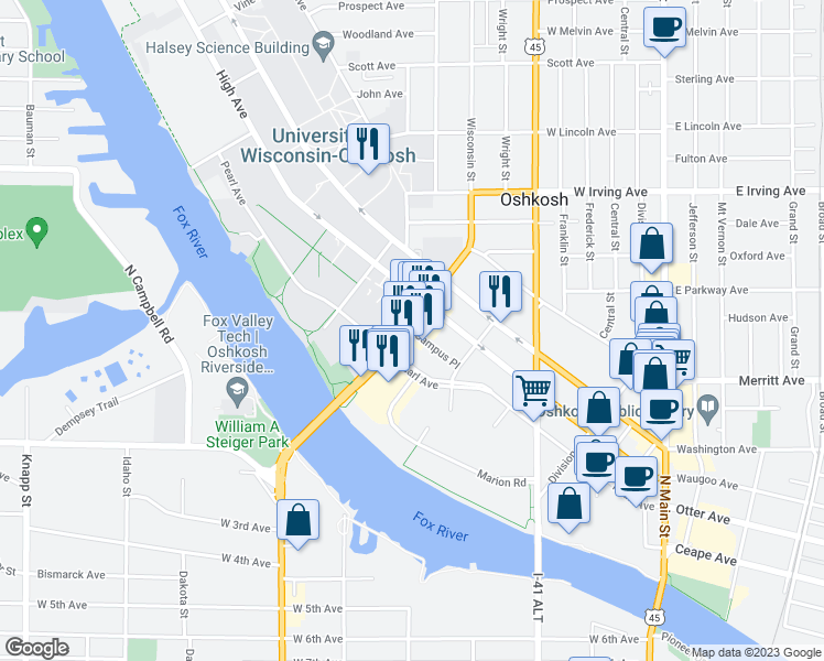map of restaurants, bars, coffee shops, grocery stores, and more near 526 Campus Place in Oshkosh