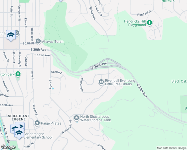 map of restaurants, bars, coffee shops, grocery stores, and more near 2031 Dogwood Drive in Eugene