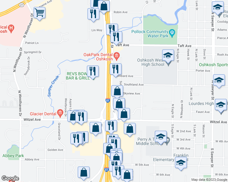 map of restaurants, bars, coffee shops, grocery stores, and more near 250 North Koeller Street in Oshkosh