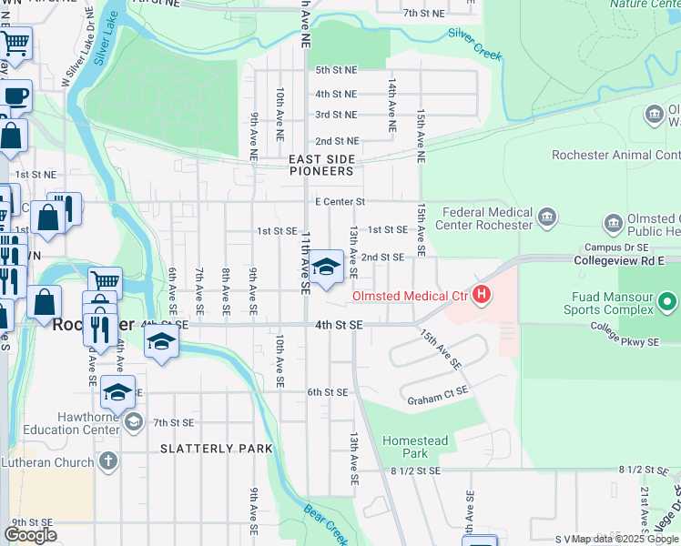 map of restaurants, bars, coffee shops, grocery stores, and more near 318 13th Avenue Southeast in Rochester