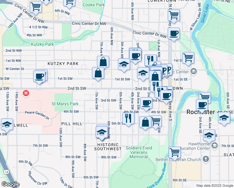 map of restaurants, bars, coffee shops, grocery stores, and more near 525 3rd Street Southwest in Rochester
