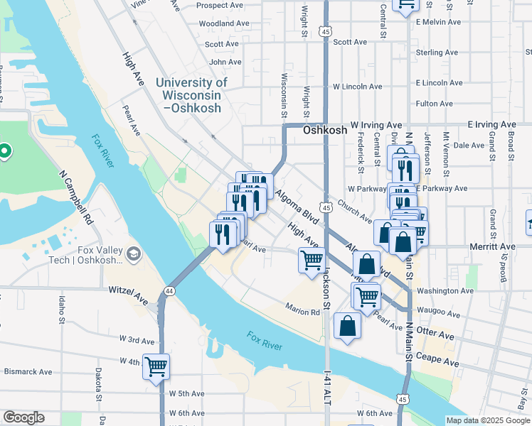 map of restaurants, bars, coffee shops, grocery stores, and more near 526 Campus Place in Oshkosh